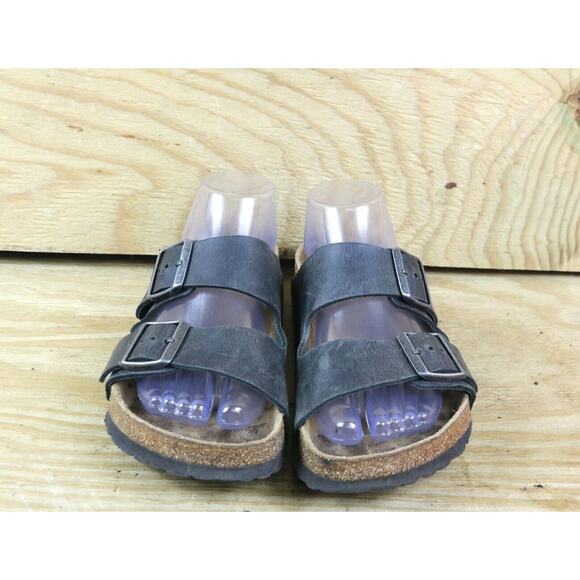 Birkenstock Sandals Womens 7 Black Gray Faded Leather Arizona 2 Buckle 38 Slide - Picture 2 of 7